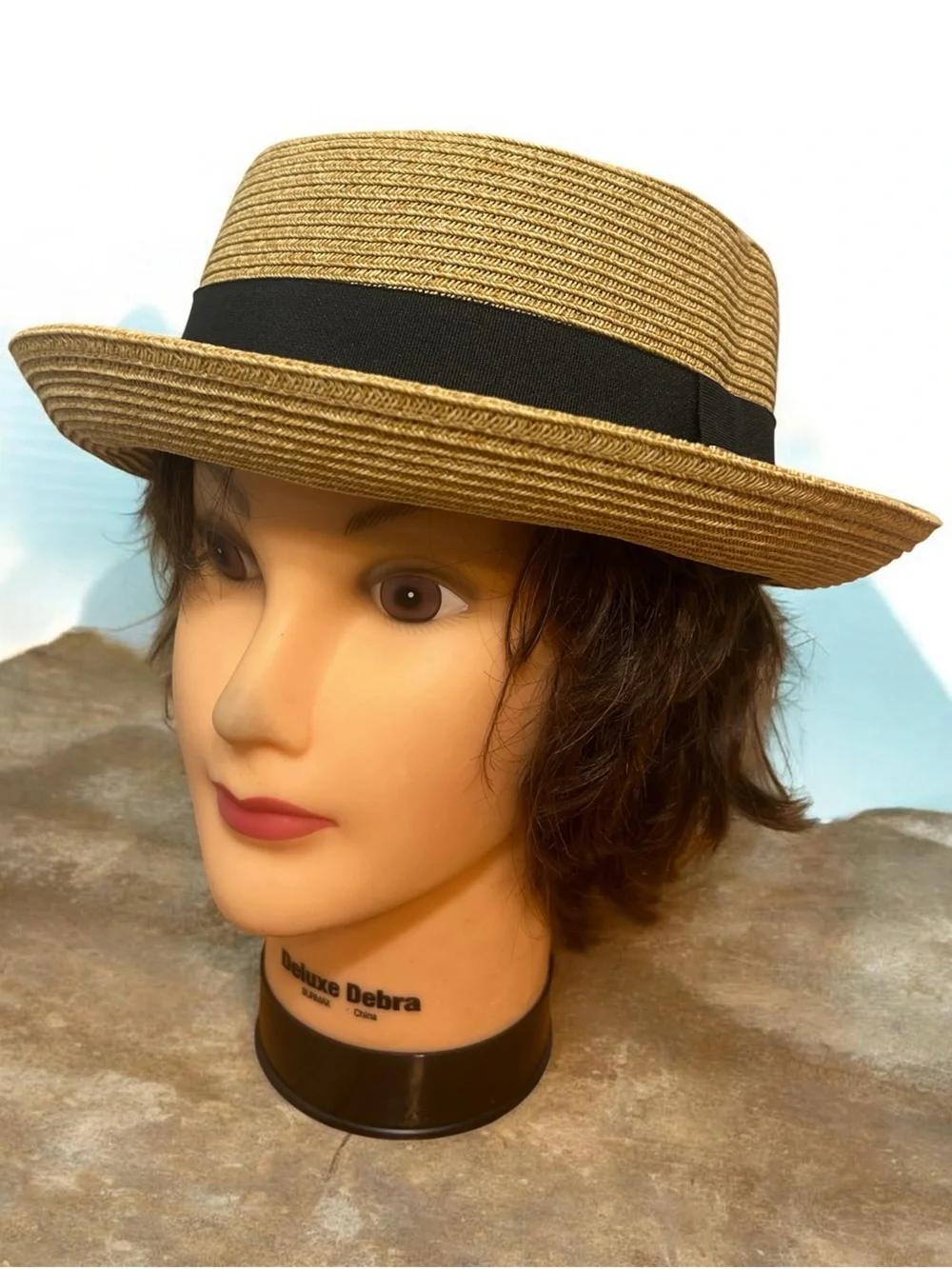 Women's Tan Straw Boater Hat with Black Band